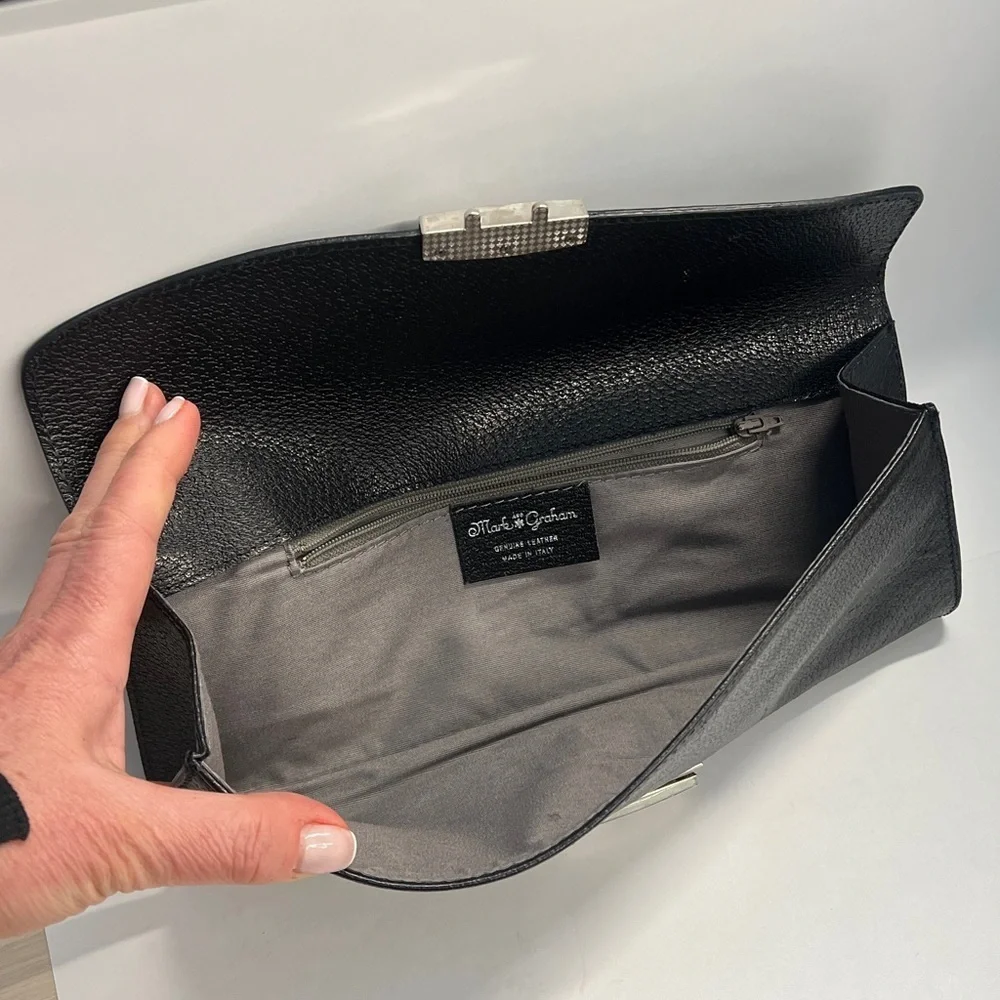 Mark & Graham Black Pebbled Leather Long Clutch Bag Toungue & Groove Closure